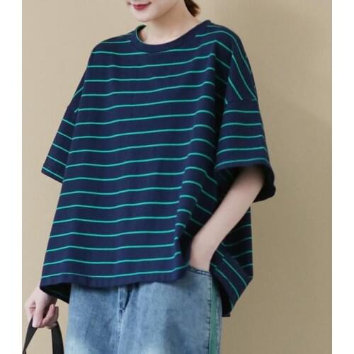 Summer Womens Striped T-Shirts Loose All-Match Classical Casual Harajuku Simple Pullover O-Neck Cotton Short Sleeve Tees Tops