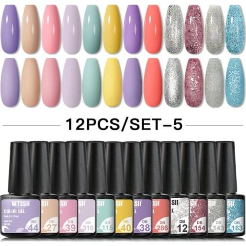 Mtssii 6/12Pcs Gel Nail Polish Set 136 Colors Glitter Semi Permanent Hybrid Gel Varnish Base Top Coat Soak Off UV LED Nail Art