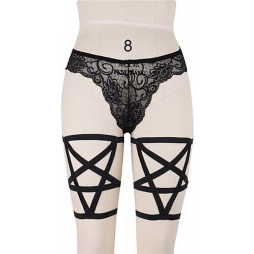 Harajuku Pentagram Harness Women 1 Pair Leg Garter Sexy Black Stockings Suspenders Belt Garters Polyester Body Harness P0052