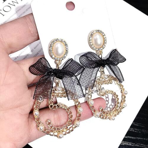 Korea Dongdaemun Fashion Ribbon Bow Pearl Number 5 Big Circle Drop Earrings Long Pendients jewelry For Woman