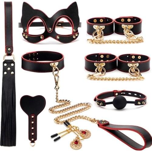 Leather Bondage Kit Fetish Set Handcuffs Necklace Gag Erotic Whip Adult Couple Bdsm Collar Restraint Bdsm Collar Sex Furniture