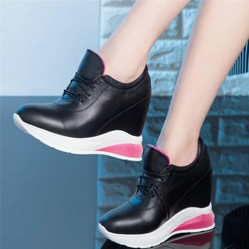 Lace Up Fashion Sneakers Women Genuine Leather Wedges High Heel Ankle Boots Female Round Toe Platform Oxfords Shoes Casual Shoes