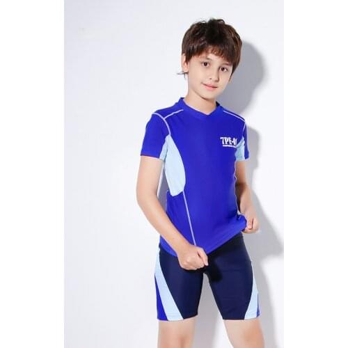 Boys Two Piece Swimsuit Sports Short Sleeve Swimming Suit Swimwear Bathing Suit Early Youth Blue