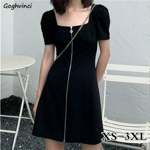 Short Sleeve Dress Women Mini Zipper Designed Chic Fashion Streetwear Slender Square Collar Black Harajuku New Vestidos Casual