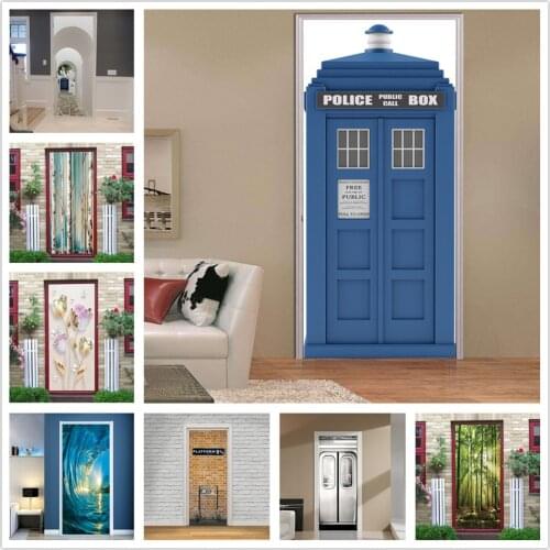 Blue Police Box Stickers on the Doors Self Adhesive Waterproof Wall Mural Decal Door Wallpaper DIY Home Design autocollant porte