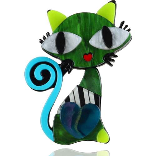 New Creative Green Cat Acrylic Brooch for Women Colorful Heart Animal Cartoon Cat Pins And Brooches Badges Fashion Shirt Jewelry