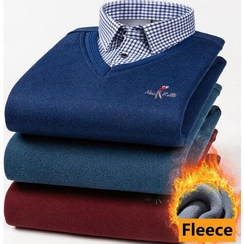 2021 Winter New Mens Plus Velvet Warm Shirt Business Fashion Loose Fake Two Piece Pullover Sweater Male High-end Brand Knitwear