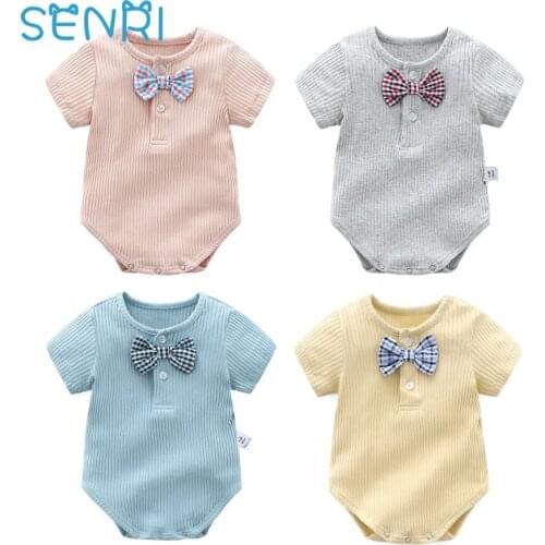 Newborn Bow Bodysuit Boys And Girls Summer Solid Colors Baby Rompers Triangle Short-Sleeve Child Cotton Jumpsuits Baby Clothes