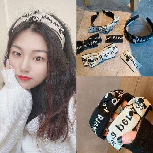Disney Women Wide Hairband Mickey Mouse Print Patchwork Headband Head on Female Simple Hair Hoop Bands Girls Cute Bow Hairpin