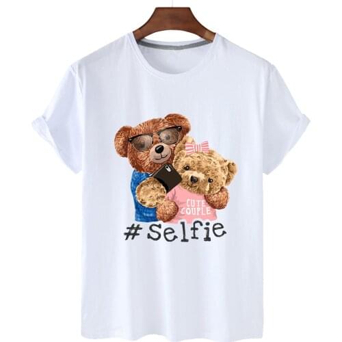 Pure Cotton Couple Bear Print Short-sleeved O-neck Loose Casual Top T-shirt Female Oversized T-shirt For Men And Women S-3XL