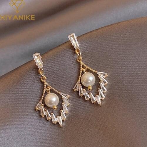 XIYANIKE Geometric Pearl Rhinestone Earrings Rhombus Shape Elegant Short Pendant Earrings For Women 2020 Fashion Party Jewelry