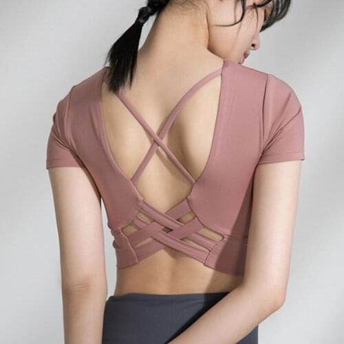 Paded Back Cross Tight Sport Crop Top Gym Yoga Top Shirts Women Short Sleeve Shirts Workout Fitness T shirt Pad Running Clothing