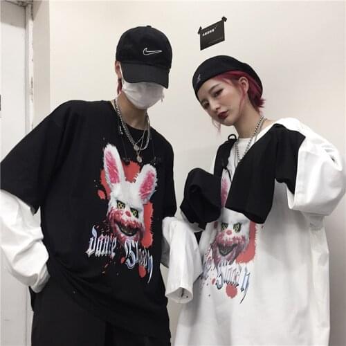 Animal print Harajuku T-shirt Women Fake 2 Pieces Japanese Fujiang Horror Comics Long Sleeve Shirt Women Vetement Femme