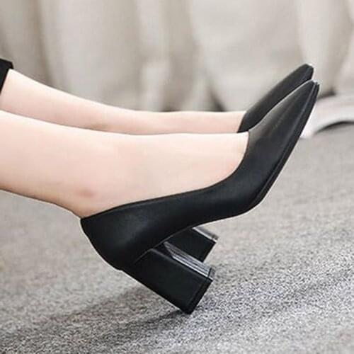 Big Size Women High Heels Dress Shoes Flock Basic Pumps Pointed Toe Boat Shoe Square Heel Ladies Shoe Zapatos Mujer Black 9339L