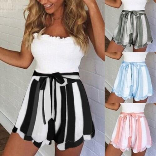 Women Fashion Lotus Leaf Edge Striped Shorts High Waist Belted Drawstring Loose Shorts black,pink,green,blue