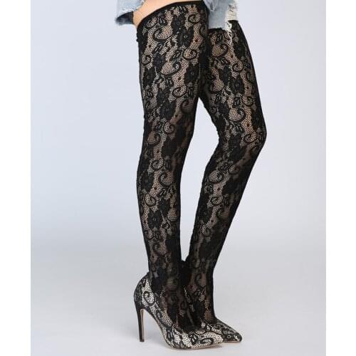 Sexy Black Stretch Flower Lace Sock Boots Woman Thin High Heel Thigh Boots Pointed Toe Lace Flower Over Knee Boots Roman Botas