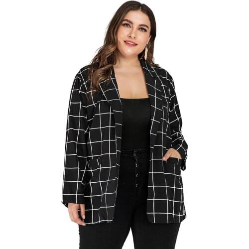 Plus Size Wide-waisted Plaid Open Stitch Blazer Straight Fashion Outwear Autumen Colthes Woman Casual Office Lady Street Wear
