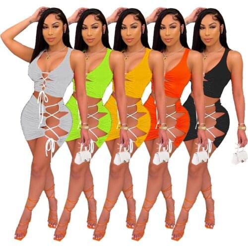 2021 Summer Women Sexy Lace Up Two Piece Set V Neck Sleeveless Vest Crop Top Mini Skirt Holiday Beach Suit Female Dress