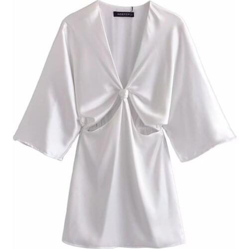 New Women Vogue Hollow Out Satin Dress with Knot V-Neck Half Sleeves Elegant Lady Casual Short Dresses Woman Robe