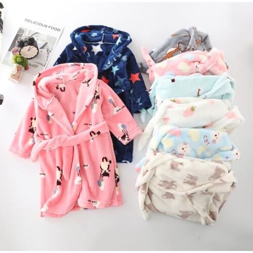 Winter Flannel Kids Sleepwear Robe Cute Cartoon Animals Print Hooded Girls Warm Bathrobe Children Pajamas For Boys 2-8 Years