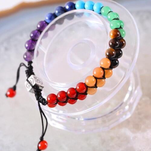7 Chakra Healing Bracelet Mixed Colors Natural Stone Round Beads Bangle Size Adjustable for Women Men Charm Jewelry H076