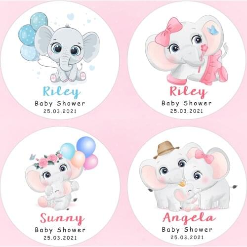 96-140Pcs Custom Stickers Baby Shower Stickers Cute Elephant Biscuits Gift Box Cake Labels Kids Happy Birthday Party Stickers