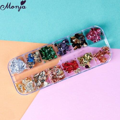 Monja 12 Grids Glitter Aluminum Nail Art Foil Sticker Nail Sequins Paillette Full Cover Flake DIY Nail Decoration for Manicure