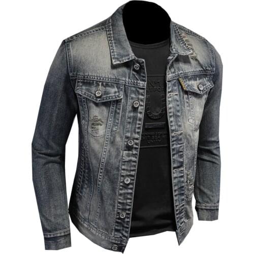 Chaqueta Bomber gris de mezclilla rasgada de primavera para hombres, abrigos de mezclilla con agujero, cuello de motocicleta, pr