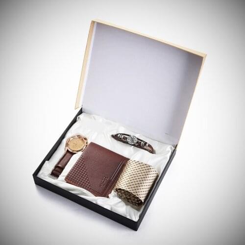 Business Gifts Exquisite Mens Gift Box Set Boutique Gift Set Bracelet+Wallet+Tie+Large Dial+Quartz Men Watch Relogio Masculi
