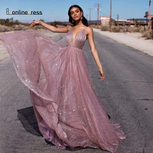 Sparkly Spaghetti Strap Prom Dresses 2020 A Line V Neck Sexy Backless Long Evening Dress Floor Length vestidos de fiesta