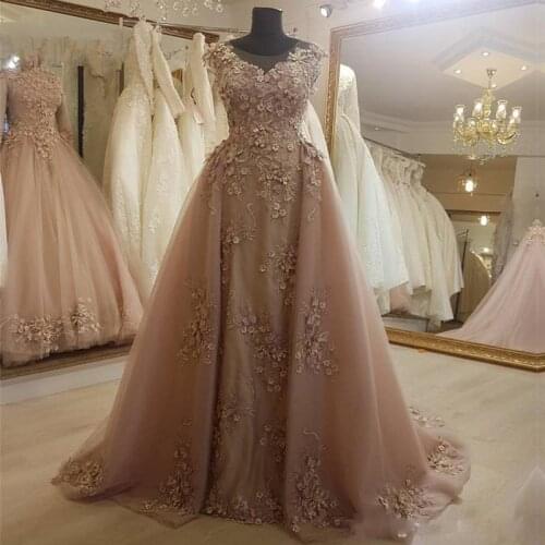 Elegant Champagne Mermaid Evening Dresses Jewel Neck Cap Sleeve 3D Flower Detachable Train Celebrity Gown Tulle Long Prom Dress