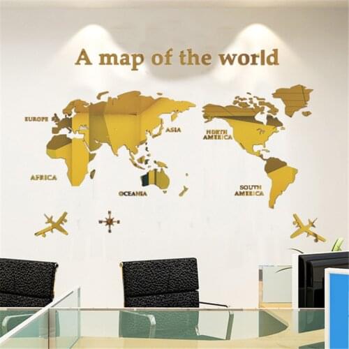 European Type World Map 3D Acrylic Wall Stickers Crystal Mirror Stickers for Office Sofa TV Background Wall Decorative Stickers