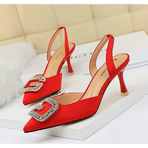 European and American Fashion High Heel Shallow Mouth Pointed Suede Hollow Back Strap Metal Rhinestone Buckle Sandals