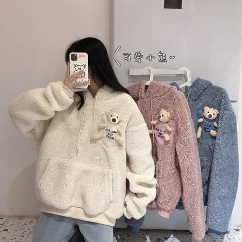 Imitation Lamb Hair Hooded Long Sleeve Sweatshirt Woman 2020 Autumn And Winter New Hoodies All-match Em