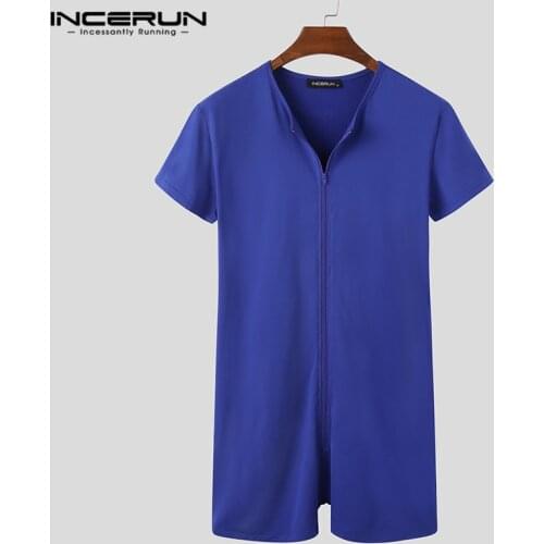 Men Pajamas Rompers Solid V Neck Zipper Fitness Short Sleeve Cozy Homewear Playsuits Leisure Men Jumpsuit Sleepwear INCERUN 7