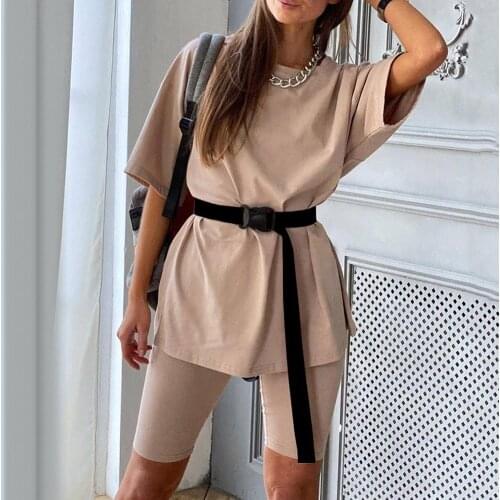Casual solid outfits womens two piece suit with belt Home loose sports tracksuits fashion leisure bicycle suit summer T-shirt