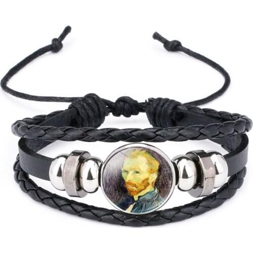 Van Gogh Handmade Leather Bracelet Sunflower Self-portrait Charms Glass Cabochon Pendant Leather Bracelets
