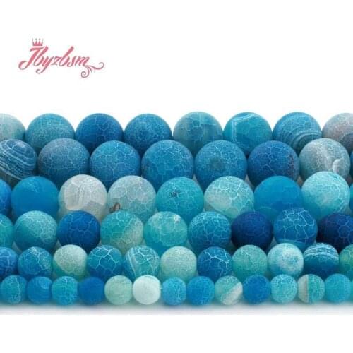 Natural Blue Agate Frost Matte Crecked Round Loose Stone Beads For DIY Necklace Bracelats Jewelry Making Strand 15" 6/8/10mm