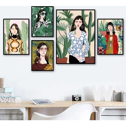 Fashion Girl Wall Art Canvas Painting Leaf Plant Picture Nordic Posters And Prints Wall Pictures For Living Room