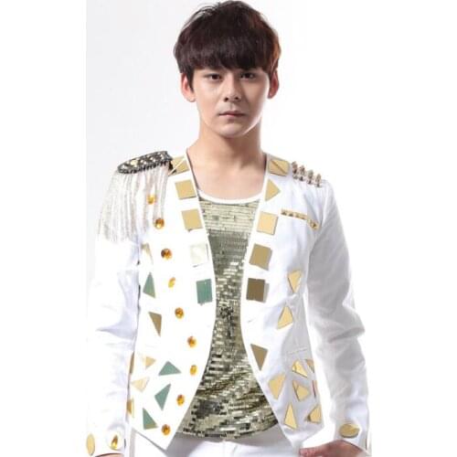 Punk personality epaulette rivets gold lens blazer men latest coat designs men costume mens jackets personality stage singer