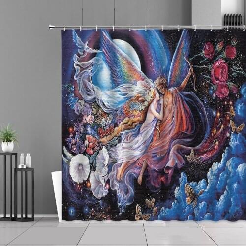 Angel Flowers Oil Painting Home Decoration Wall Hanging Curtains Shower Curtain Polyester Waterproof Bathtub Screen With Hook