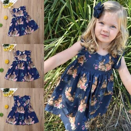 Baby Girl Clothes Fly Sleeveless Rabbit Print Solid Color Party Pageant Ruffle Tutu Dress Sundress