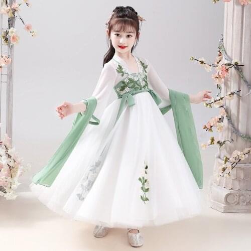 Spring And Summer Hanfu Tangzhuang Performance Girls Dress Chinese Style Printed Princess Improved Version Ethnic Costume