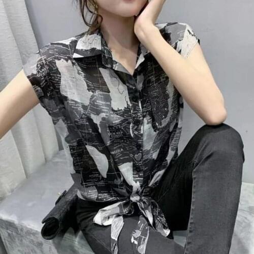 Retro Flower Print Chiffon Shirt Women Knotted Turn Down Collar Blouse Women Short Sleeve Elegant Blouses Women Ladies Shirts