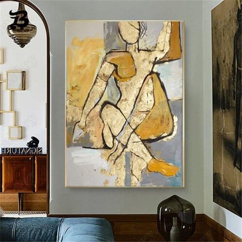 Modern Abstract Figure Canvas Painting Hand-Painted Nude Portrait Oil Painting Wall Art Pictures for Living Room Wall Decoration