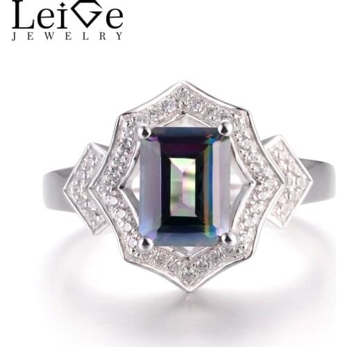 LeiGe Jewelry Real Mystic Topaz Rings Rainbow Topaz Rings Emerald Cut Rainbow Gems Ring Solid 925 Sterling Silver Gifts for Her