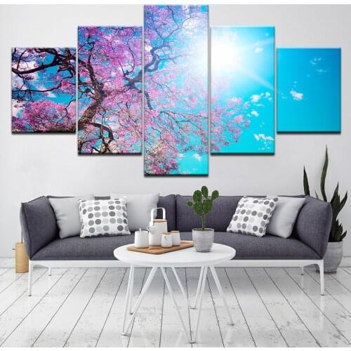 Cherry tree with sunshine blue sky 5 Piece Canvas Wallpapers modern Poster Modular art painting for Living Room Home Decor