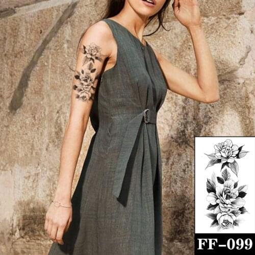 Large Flower Rose Leaves Design Waterproof Temporary Tattoo Sticker Sketch Peony Black Tattoos Body Art Arm Sexy Fake Tatoo