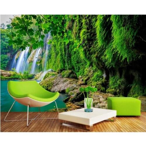 WDBH Custom photo mural 3d wallpaper Mountain waterfall green forest landscape decor 3d wall mural wallpaper for living room