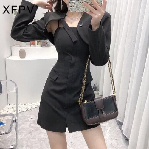 XFPV 2021 New Spring And Autumn Fashion Casual One Button Long Sleeve High Waist Thin Bottomed Suspender Dress SL901